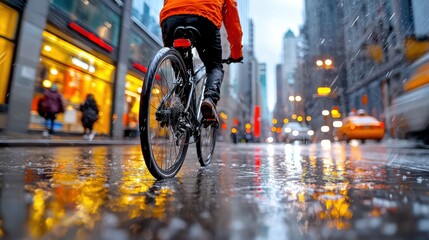 Dynamic shot of a cyclist speeding through a rainy city night cityscape with blurred motion and reflections of neon lights on the wet streets