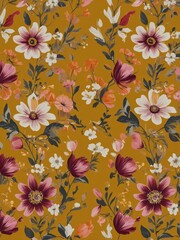 A seamless floral pattern featuring vibrant cherry blossoms, lush green leaves, and delicate birds, creating an elegant and timeless design in rich red and pink tones.