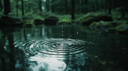 Tranquil Forest Pond with Water Droplets Creating Concentric Ripples