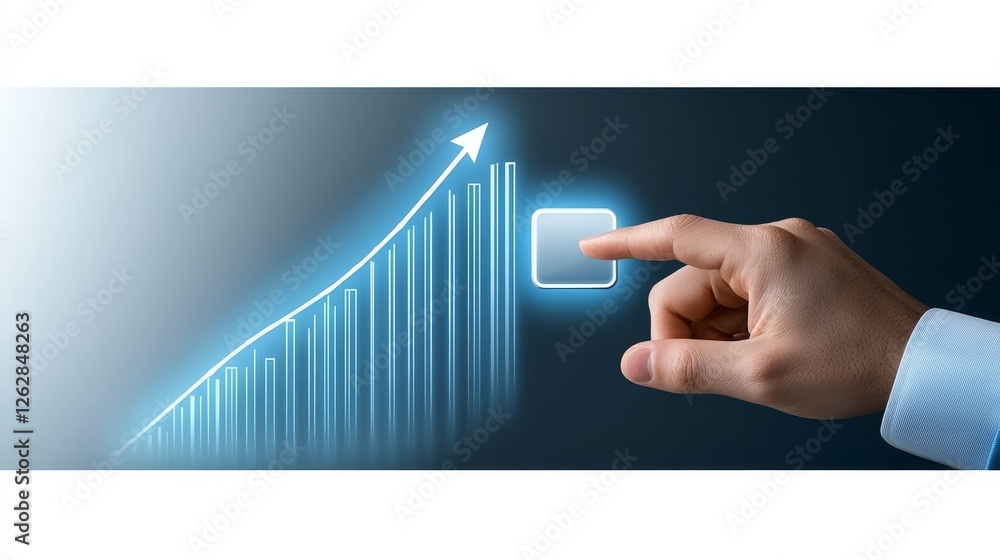 Poster hand pointing to rising bar chart visualizing growth progress and business success