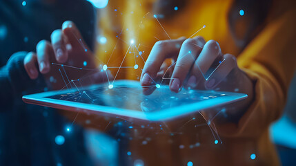Hands interact with digital tablet displaying abstract connections in a modern setting, suggesting technological engagement