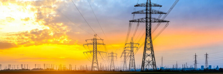 High voltage electricity tower sky sunset landscape,industrial background