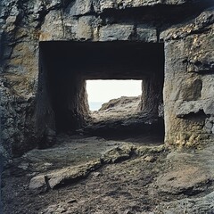 A rectangulaire way through the rock that is wide but has a low ceiling. The scene is on flat ground