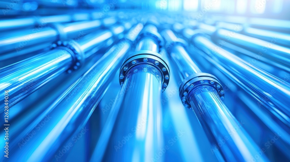 Poster a close-up view of shiny blue pipes arranged in parallel, creating a sleek and modern industrial aes