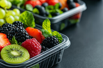 Fresh fruits in plastic containers, including strawberries, blackberries, raspberries, and kiwi, arranged with mint leaves, creating vibrant and healthy display