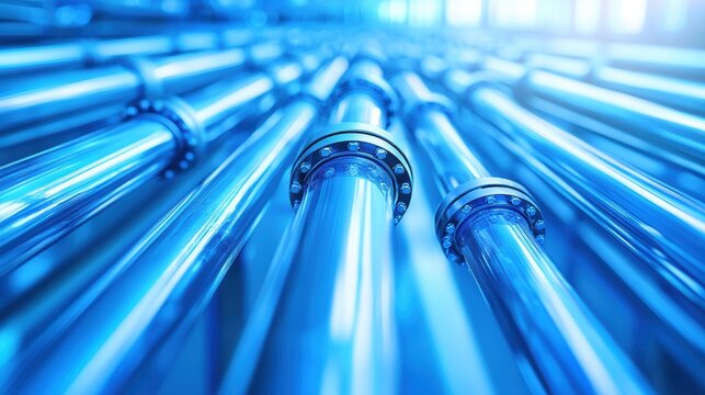 A close-up view of shiny blue pipes arranged in parallel, creating a sleek and modern industrial aesthetic.