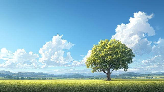 Serene landscape solitary tree in vast open field under clear sky