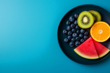 Fresh tropical summer fruits on black plate, including watermelon, orange, kiwi, and blueberries, create vibrant and colorful display against blue background