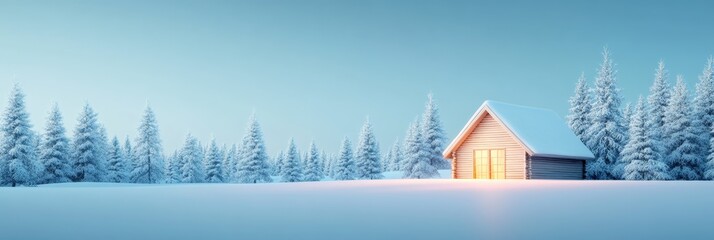 Warm light emanating from windows of a charming wooden cabin nestled amidst snow covered pine trees...