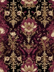 A seamless floral pattern featuring vibrant cherry blossoms, lush green leaves, and delicate birds, creating an elegant and timeless design in rich red and pink tones.