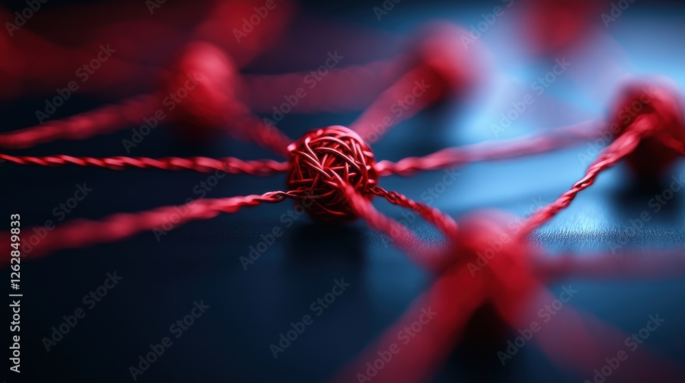Poster a close-up view of interconnected red strings forming a network, highlighting their intricate patter