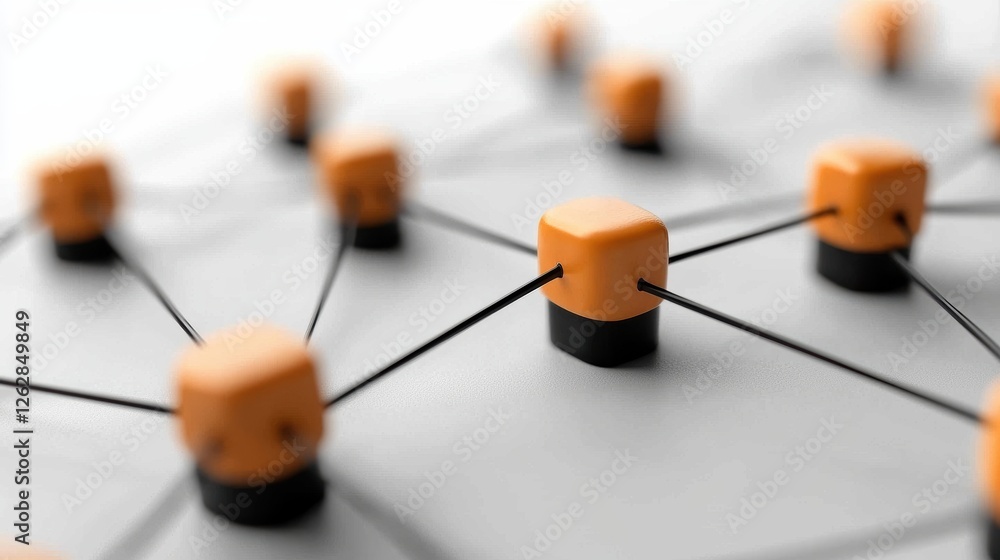 Poster a close-up of interconnected nodes with orange cubes on a gray surface, symbolizing networking, comm