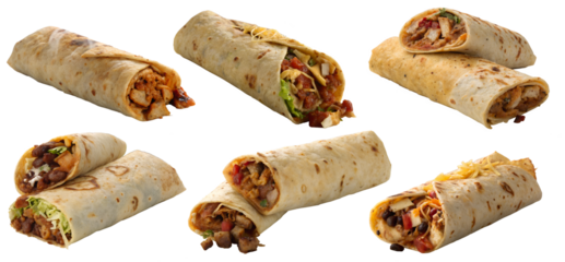 Set of delicious Mexican burritos on a transparent background. It's a tasty street food concept.