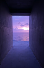 Window framing a tranquil purple ocean and sky