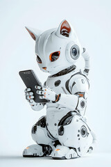 Robot cat interacting with smartphone in a futuristic setting showcasing advanced technology