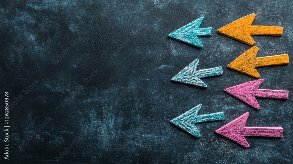 Poster Colorful arrows pointing in various directions on a dark background representing the concept of choice, decision making, and finding the right path