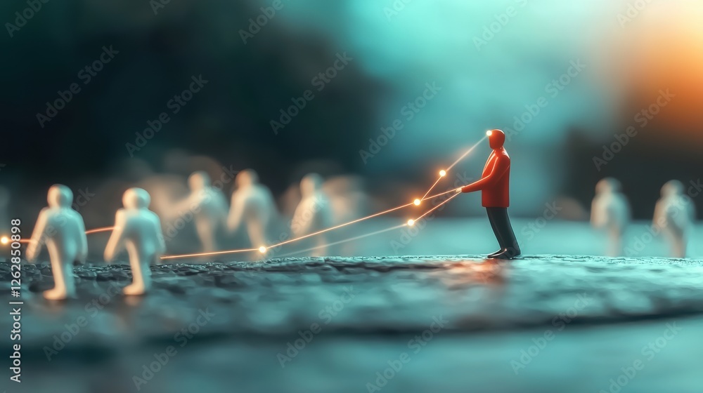 Poster a lone figure in red connects with glowing strings to smaller, faceless figures, symbolizing influen