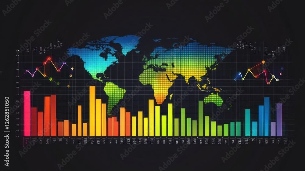 Aufkleber colorful world map with data visualization elements showcasing global statistics and trends against 