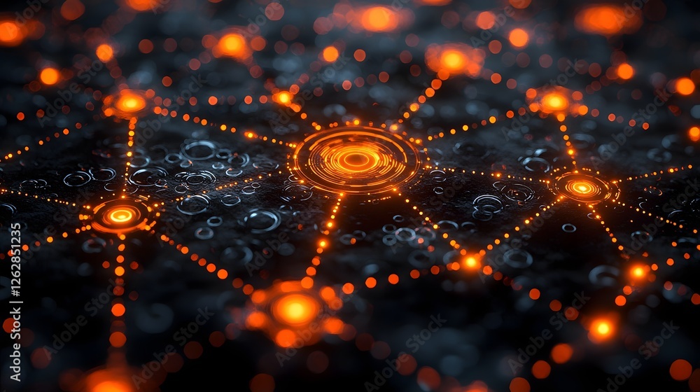 Poster vibrant corporate network visualization with glowing nodes and pathways of communication