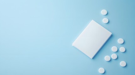 White Pill Pack and Round Pills on a Soft Blue Background