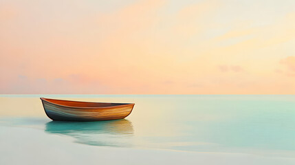 Naklejka premium Tranquil wooden boat rests peacefully on calm water at dawn near a serene beach