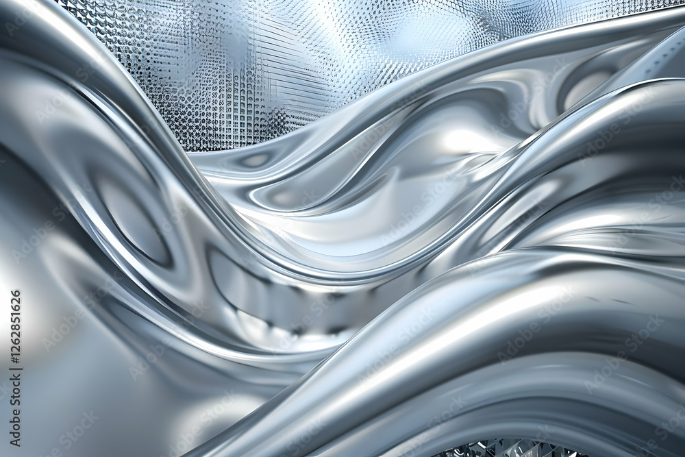 Poster abstract metallic waves flowing seamlessly, creating a dynamic visual of fluidity and motion