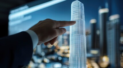 A hand points to a holographic skyscraper design displayed on a screen, showcasing modern architecture and technology in an urban setting.