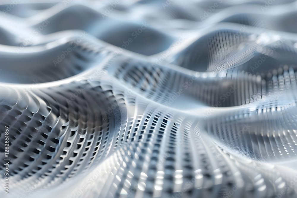 Poster abstract close-up of flowing metallic waves creating a dynamic, textured surface in a futuristic set