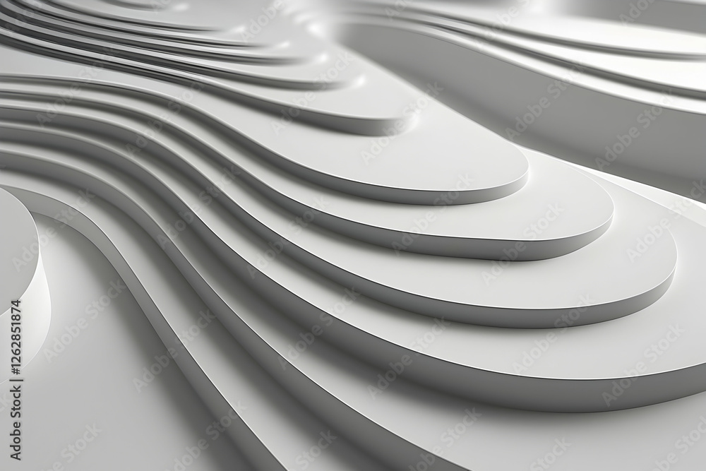 Poster abstract curved white layers creating a dynamic flowing pattern in a minimalist setting