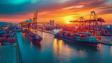 Fototapeta premium Container truck in ship port for business Logistics and transportation of Container Cargo ship and Cargo plane with working crane bridge in shipyard at sunrise, logistic import export and transport