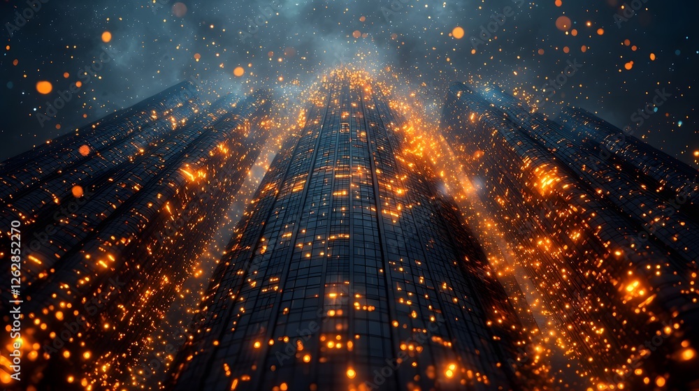 Poster surreal glowing streams of digital data flowing through corporate skyscraper symbolizing innovation 