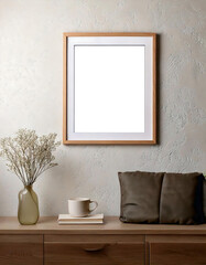 wall art mockup with a picture frame and potted flowers, coffee cup and leather cushion