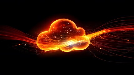 Bright Orange Cloud with Digital Light Trails on Black Background