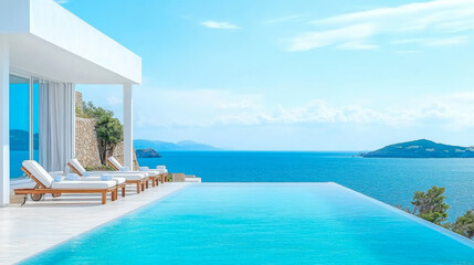 Fototapeta premium Terrace in villa with swimming pool clear blue water with stunning sea view and sky