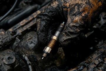 A close-up of an oil-stained hand holding a spark plug, ready for replacement in a car engine