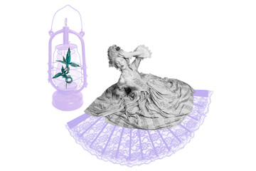 Trend composite sketch photo collage of spring season leaves plant light lamp young lady aristocracy accessory air corset dress historical