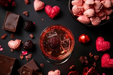 Fototapeta premium Valentine's Day Drink and Treats on Dark Background