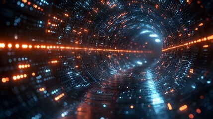 Abstract digital tunnel, glowing light, futuristic background, possible use for technology concept