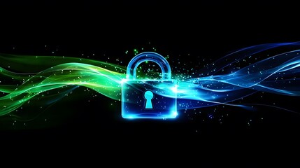 Digital Lock Illustration with Colorful Wave Effects on Black Background