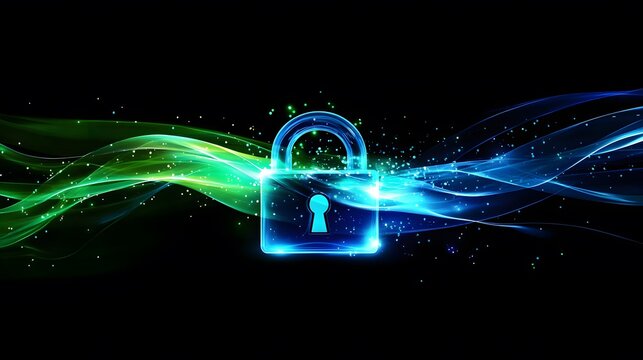 Digital Lock Illustration with Colorful Wave Effects on Black Background - Powered by Adobe