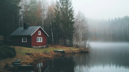Fototapeta premium Rustic Cabin By Misty Autumn Lake