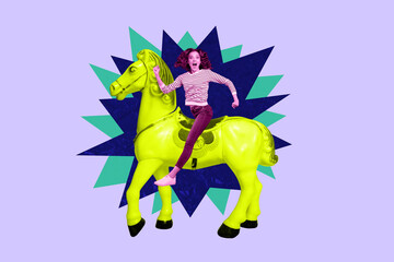 Exclusive art banner collage of excited girl ride retro unicorn horse carousel leisure activity park walk trip summertime