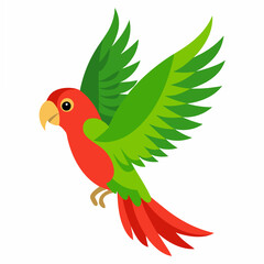 Obraz premium Cartoon bird Amazon parrot green red color in flight .Colorful exotic macaw parrot. Isolated on white background. Side view. Vector illustration on white background