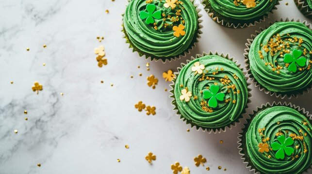 Top-down view of green cupcakes decorated with shamrocks and gold sprinkles for St. Patrick’s Day.