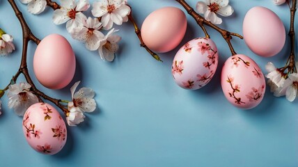 Obraz premium Pink Easter Eggs and Cherry Blossom Branches on Light Blue Background
