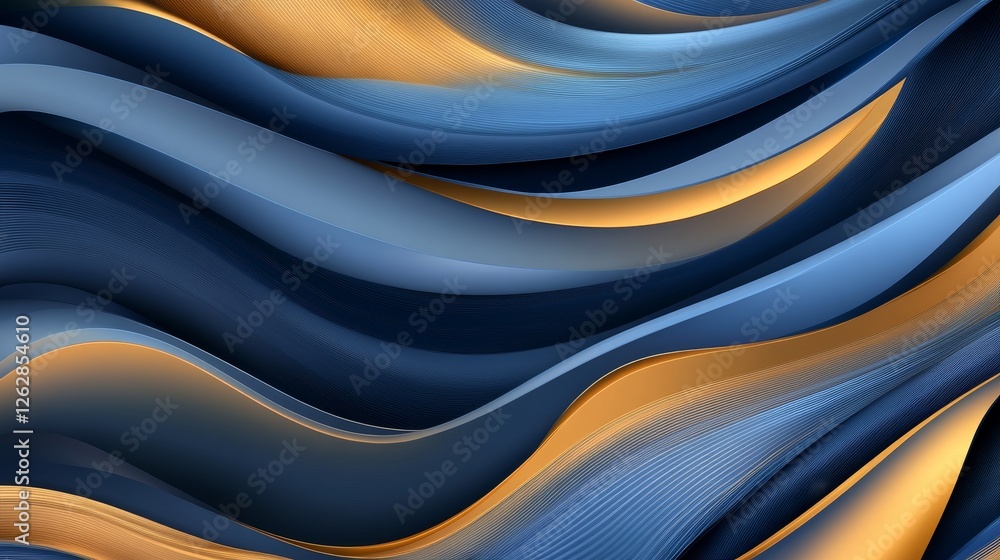 Poster abstract waves of blue and gold flowing seamlessly, creating a dynamic visual rhythm