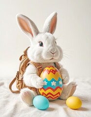 cute little bunny artist paints easter egg, easter holiday picture