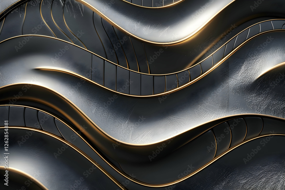 Poster abstract metallic waves with golden accents creating a dynamic visual flow in a modern design