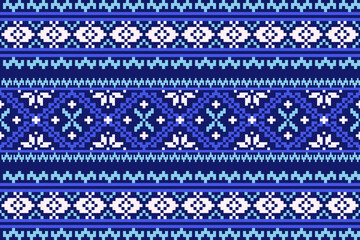 Pattern minimalistic pixel art and ethnic design for background.Embroidery Cross Stitch.carpet,wallpaper,clothing,wrapping,Batik,fabric,Vector illustration.floral samless pattern