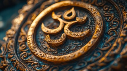 Fototapeta premium Exquisite craftsmanship highlights the Om symbol, a representation of spiritual significance. The detailed design invites reflection and contemplation in a serene environment.